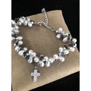 Sterling silver pearl and black obsidian chip bracelet with ss cross charm 7-8.5